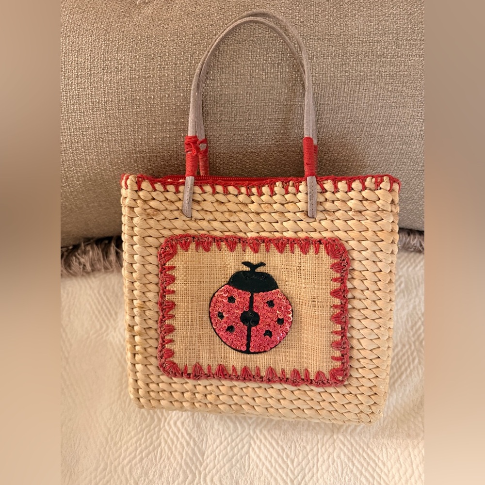 Vintage Embroidered Straw Bag 100% Corn Husk Ladybug Sequins Flowers 8x8 Purse